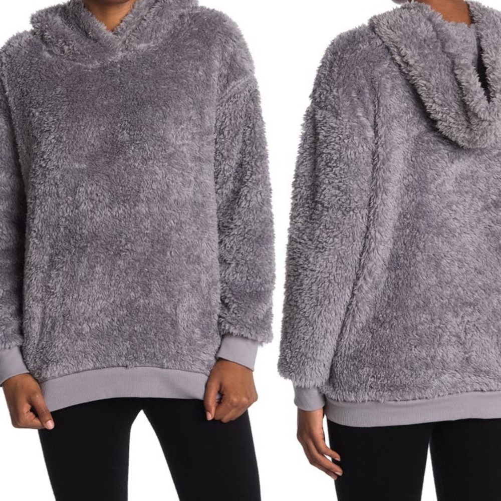 NWT Free Press Cozy Teddy Fleece Sherpa Hoodie in Grey Sleet